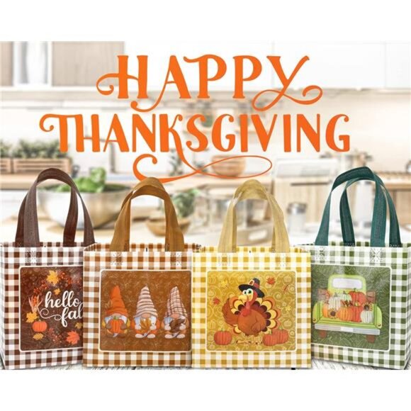 AnyDesign Fall Reusable Gift Bag Pumpkin Turkey Gnome Tote Bags‎ with Handles - Picture 7 of 8